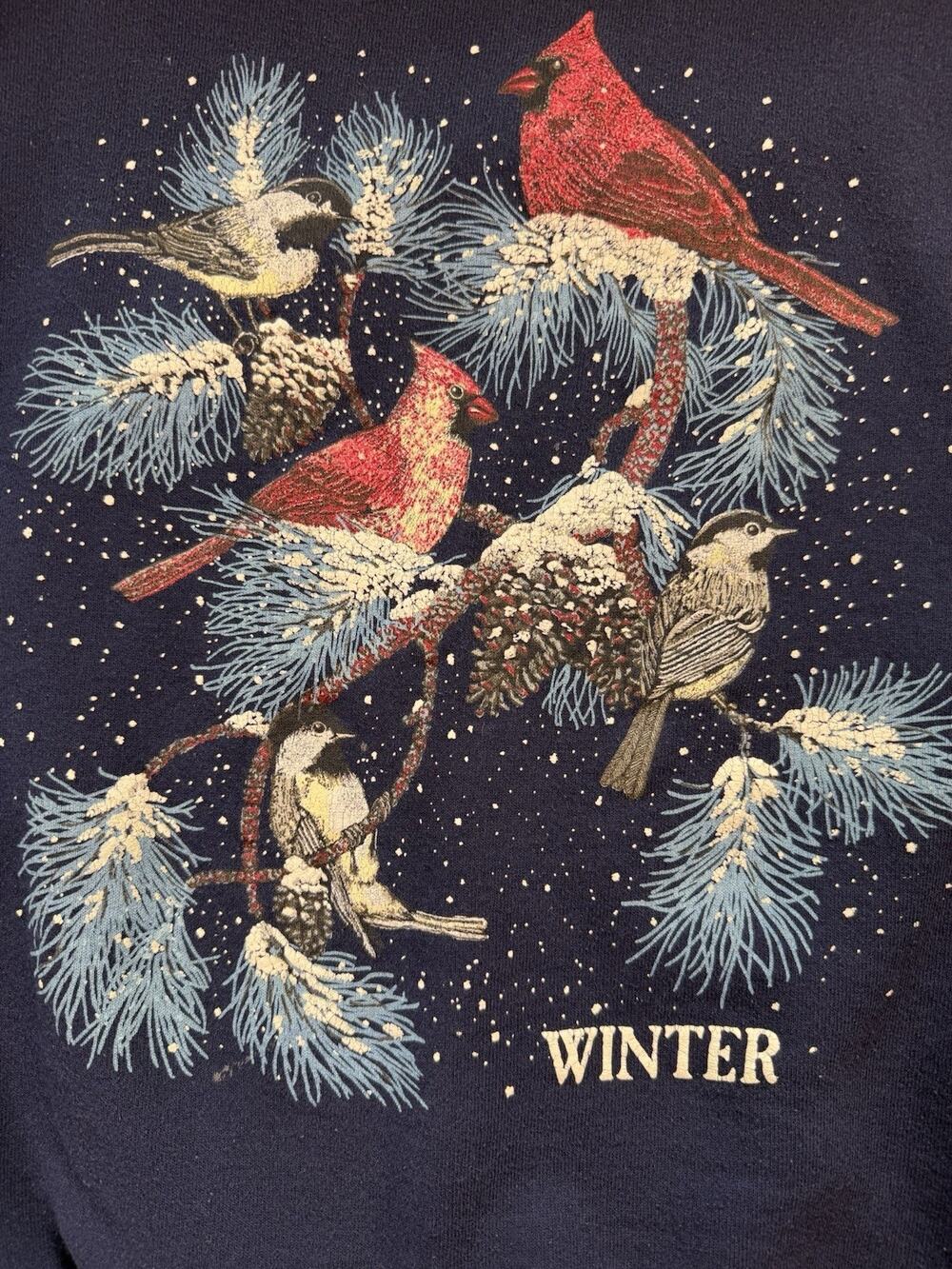 Cardinals bird sweatshirt Jerzees Large navy blue winter Grannycore Cottage core